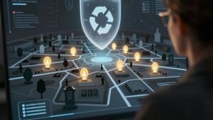 Специалист изучает голограмму карты кладбища в рамках обзора инструментов мониторинга доменов ритуальных сервисов